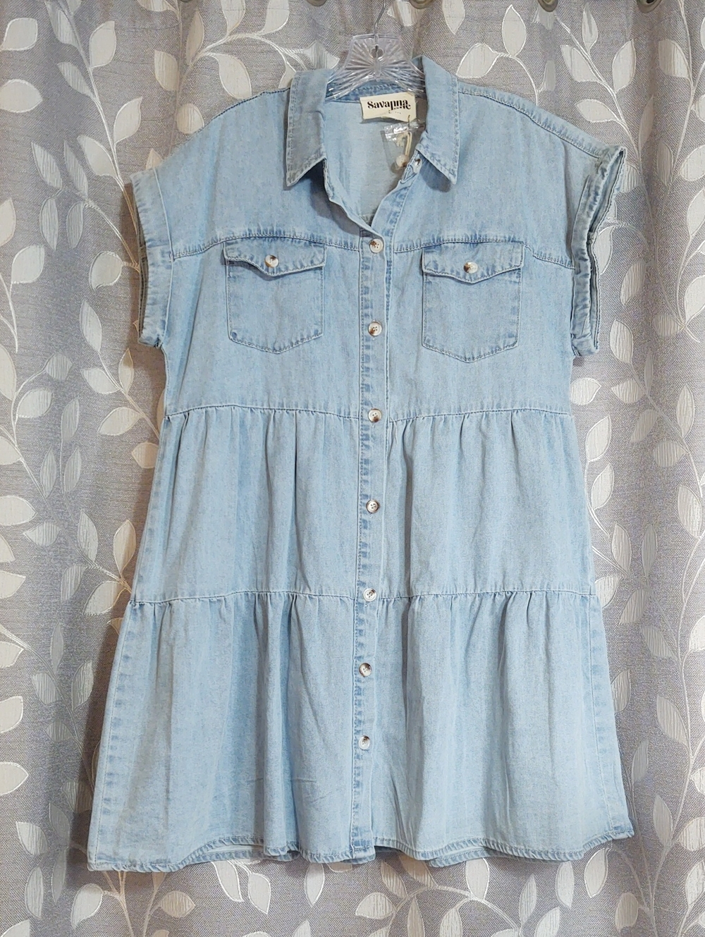 Savanna Jane Light Blue Denim Tiered Shirt Dress